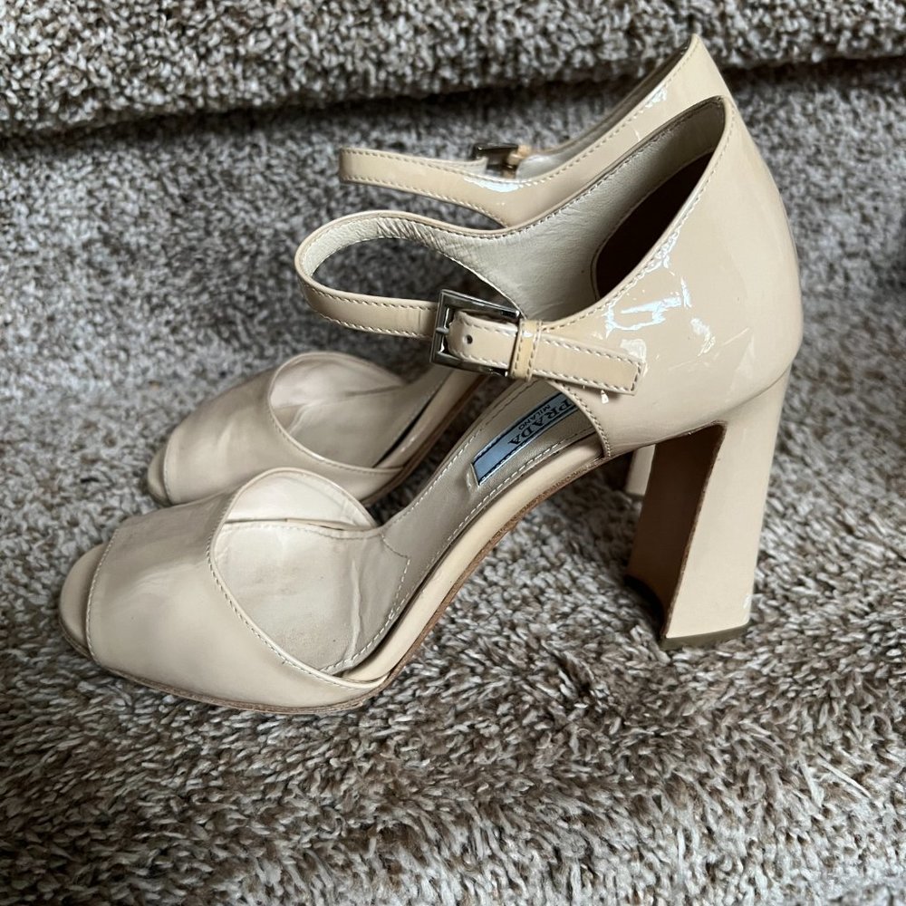 Prada Women's Cream Patent Leather Strap Shoes. - Picture 2 of 13